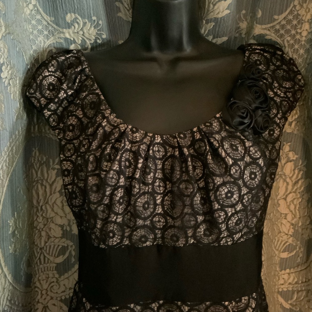 BLACK LACE WITH TAN LINING? KNEE LENGTH. SHORT PUFF SLEEVES.